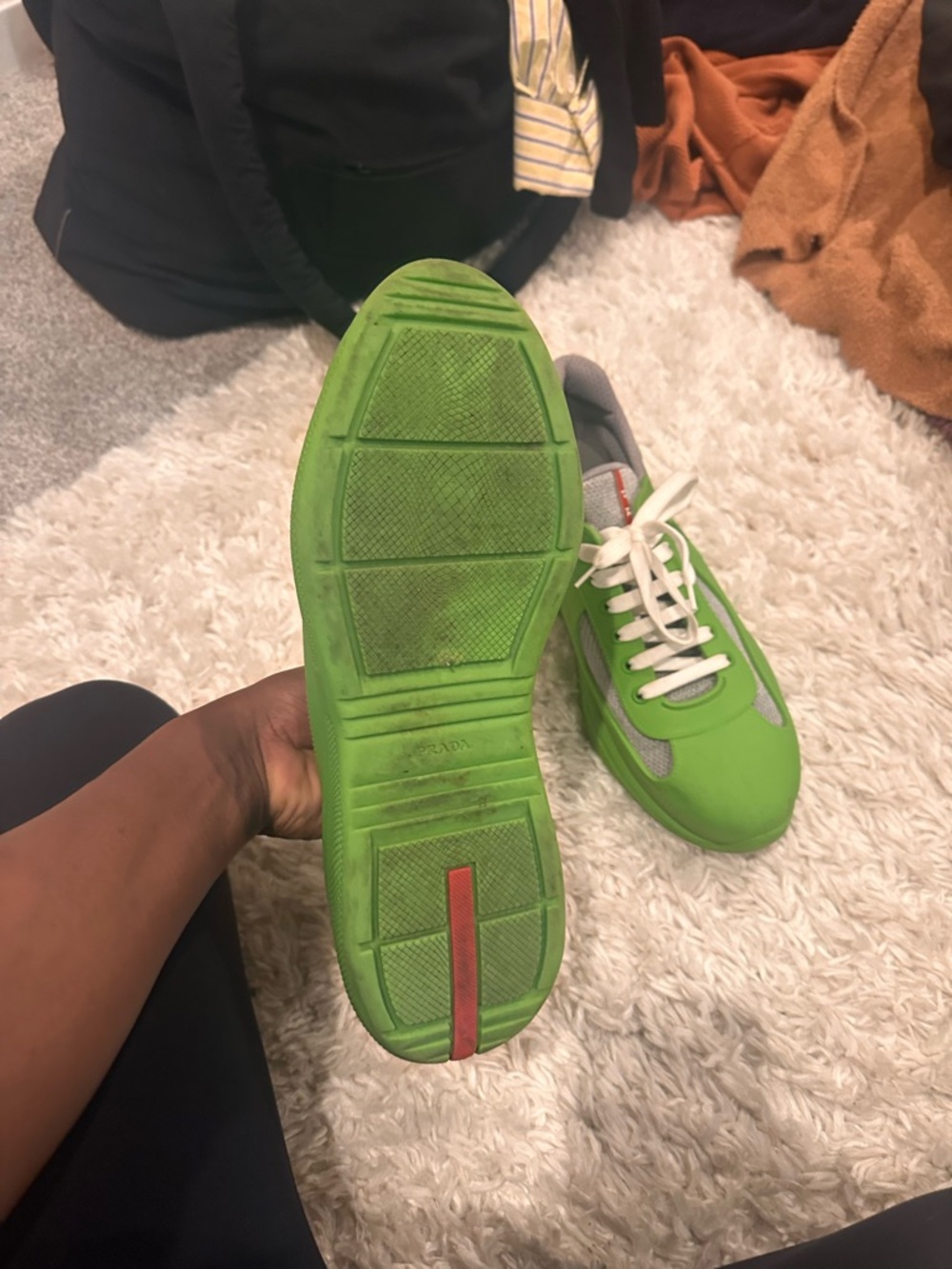 Prada Men's Lime Green and Grey Low-Top Sneakers - Picture 2 of 7